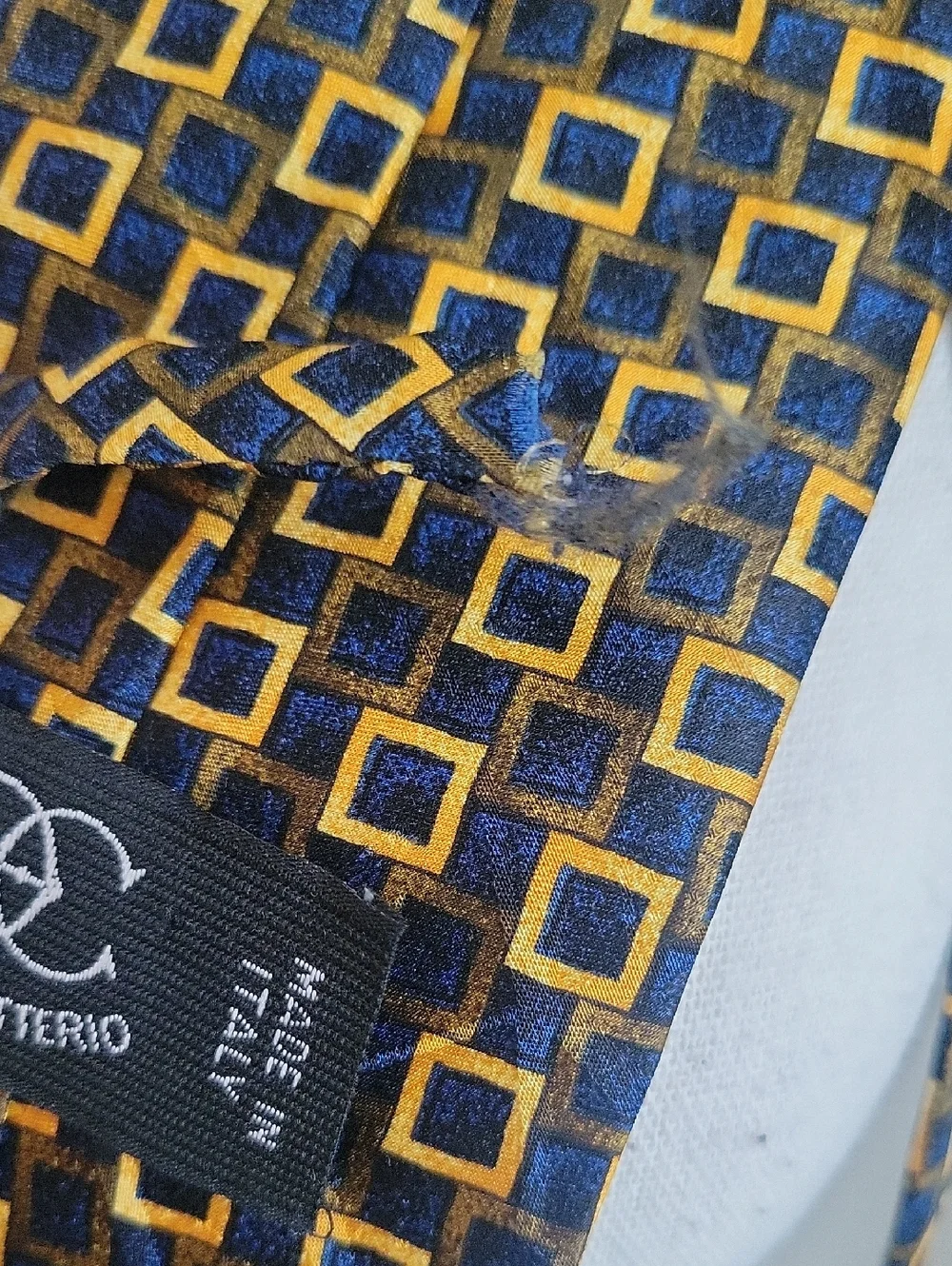 Vintage Ciro Citterio Italian Silk Tie Navy and Gold Square-Pattern